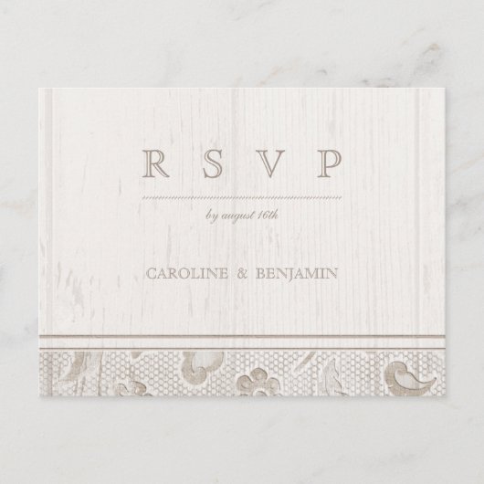 Wit kanten hout rustiek land bruiloft RSVP Uitnodiging Briefkaart (Voorkant)