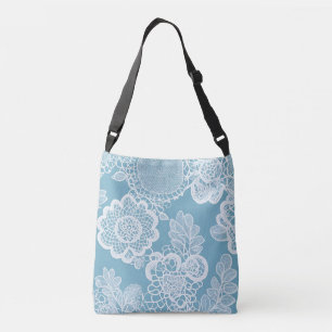 Wit kantwerk op blauwe AI-kunst Crossbody Tas