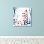 Wit katje met een roze strik in een raam canvas afdruk (Insitu (Houten vloer))