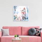 Wit katje met een roze strik in een raam canvas afdruk (Insitu (Woonkamer))