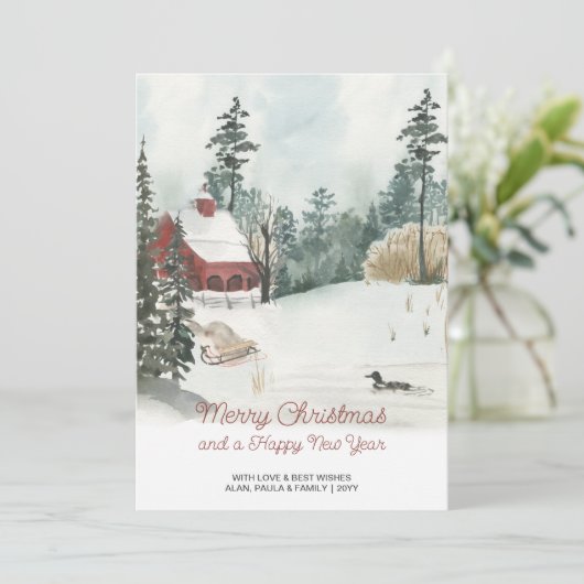 Wit kerstfeest Waterverf winterlandschap Feestdagenkaart (Staand voorkant)