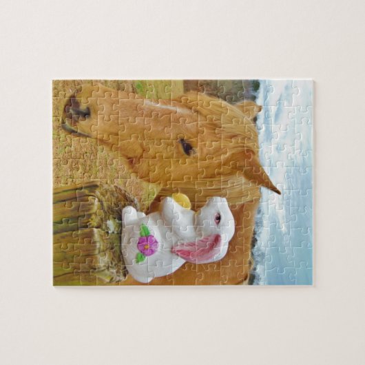 Wit konijn en blond geel paard legpuzzel (Horizontaal)