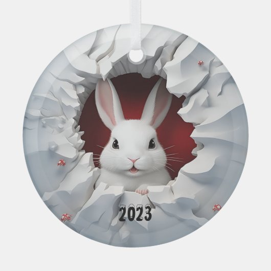 Wit Konijn Kerstmis Glas Ornament (Voorkant)