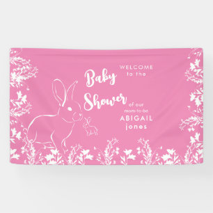 Wit Konijn Wit Bloemen Roze Baby shower Spandoek