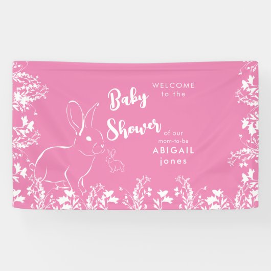 Wit Konijn Wit Bloemen Roze Baby shower Spandoek (Horizontaal)