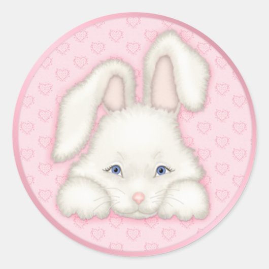 Wit konijntje - roze ronde sticker (Voorkant)