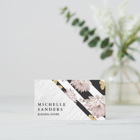 Wit krokodillenleer | Strepen en vlinders Visitekaartje (Staand voorkant)