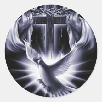 Wit kruis met duif ronde sticker