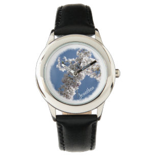 Wit Kruis op Blue Sky gepersonaliseerd Horloge