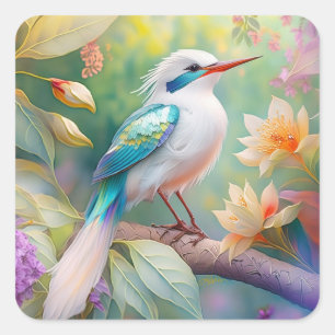 Wit Kuif Iridescente Blauwe Vleugel Fantasie Vogel Vierkante Sticker
