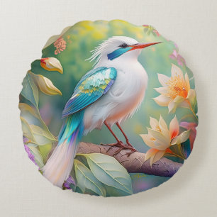 Wit Kuif Iridescente Teal Vleugel Fantasie Vogel Rond Kussen