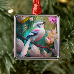 Wit Kuifje Blozend Borst Fantasie Vogel Metalen Ornament