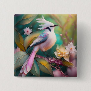 Wit Kuifje Blozend Staart Jay Fantasie Vogel Vierkante Button 5,1 Cm