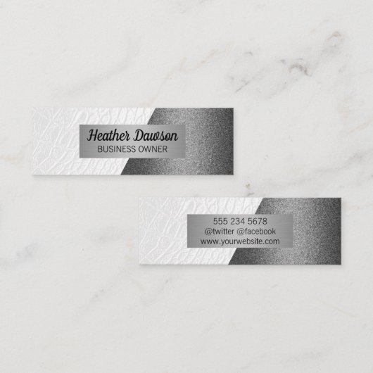 Wit leder | Silver Glitter Design Block Mini Visitekaartje (Voorkant / Achterkant)