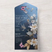 Wit & Lichtblauw Zijdeachtig Bloemen op Donkerblau All In One Uitnodiging (Binnen)