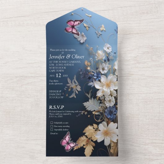 Wit & Lichtblauw Zijdeachtig Bloemen op Donkerblau All In One Uitnodiging (Binnen)