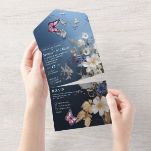 Wit & Lichtblauw Zijdeachtig Bloemen op Donkerblau All In One Uitnodiging