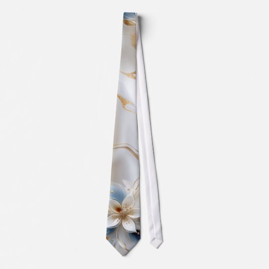 Wit & lichtblauw Zijdeachtige Bloemen op een Zijde Stropdas (Voorkant)