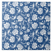Wit & marineblauw bloemdamast tegeltje (Voorkant)