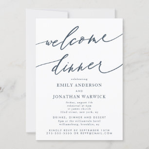 Wit marineblauw bruiloft welkomstdiner kaart