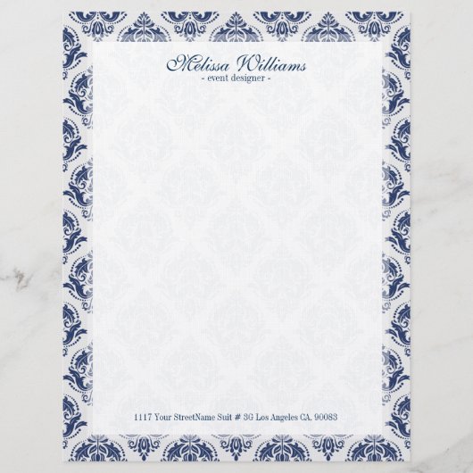 Wit & marineblauw  damaskpatroon custom briefhoofd (Voorkant)