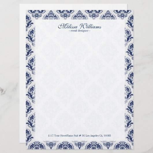 Wit & marineblauw  damaskpatroon custom briefhoofd (Voorkant / Achterkant)