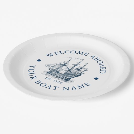 Wit & marineblauw  nautische boot papieren bordje (Gekanteld)