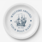 Wit & marineblauw  nautische boot papieren bordje (Voorkant)