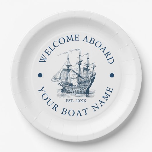 Wit & marineblauw  nautische boot papieren bordje (Voorkant)