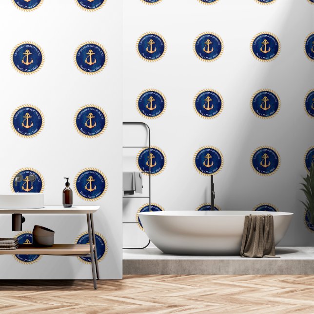 Wit marineblauw w / geel bootanker monogram behang (Badkamer)