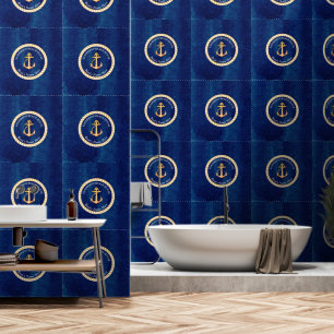 Wit marineblauw w / geel bootanker monogram behang