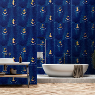 Wit marineblauw w / geel bootanker monogram behang