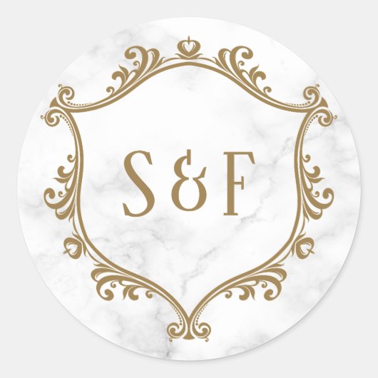 Wit Marmer en Gouden Badge Monogram Envelopzegel Ronde Sticker (Voorkant)