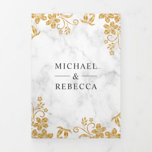 Wit Marmer en Gouden Folie Bloemen Bladeren Huweli Drieluik Uitnodiging (Cover)