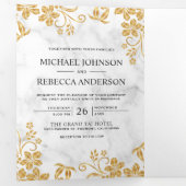 Wit Marmer en Gouden Folie Bloemen Bladeren Huweli Drieluik Uitnodiging (Binnenzijde eerst)