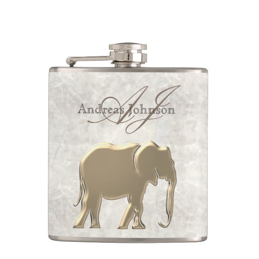 Wit marmer en gouden olifant Elegant Monogrammed Heupfles (Voorkant)