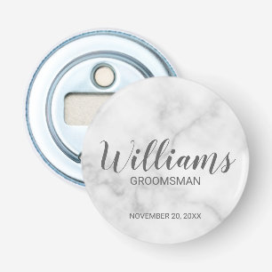 Wit marmer modern script gepersonaliseerde groomsm button flesopener