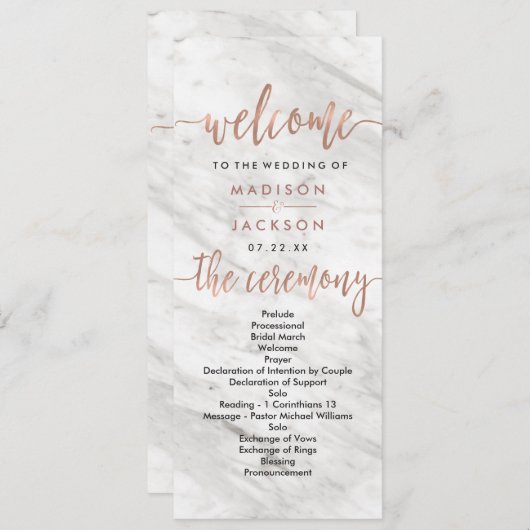 Wit Marmer & Roos Goud Elegant Huwelijksprogramma Programma (Voorkant / Achterkant)