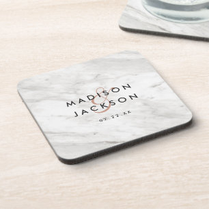 Wit Marmer & Roos Goud Modern Bruiloft Monogram Bier Onderzetter