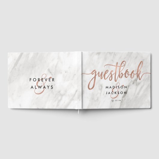 Wit Marmer & Roos Goud Modern Bruiloft Monogram Gastenboek (Volledig)