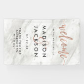 Wit Marmer & Roos Goud Modern Bruiloft Welkom Spandoek (Horizontaal)