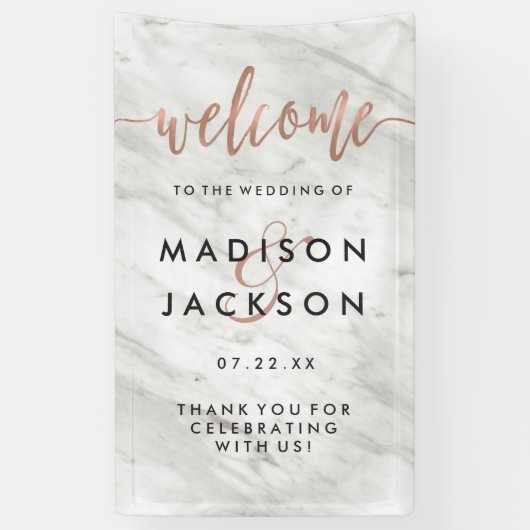 Wit Marmer & Roos Goud Modern Bruiloft Welkom Spandoek (Verticaal)