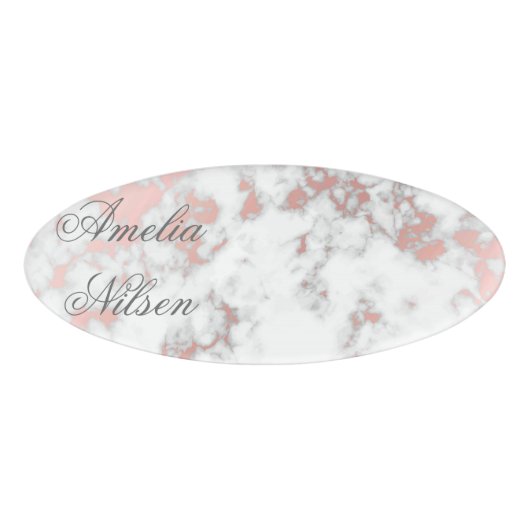 wit, marmer, roos goud, modern, chic, mooi, eleg naambadge (Voorkant)