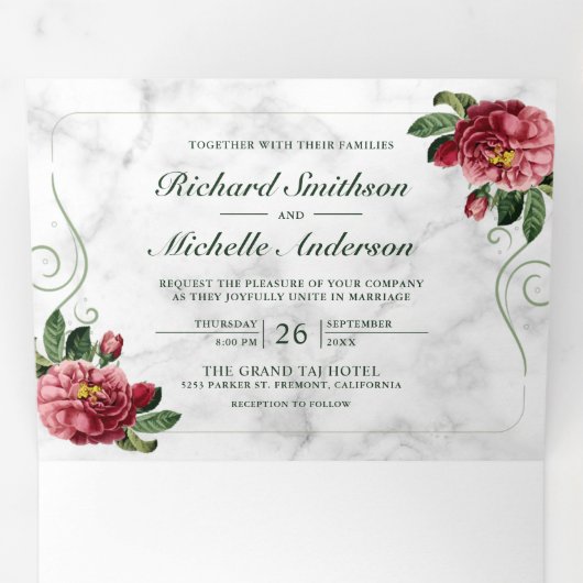 Wit Marmer Rustiek Roze Hydrangea Bloemen Huwelijk Drieluik Uitnodiging (Binnenzijde eerst)