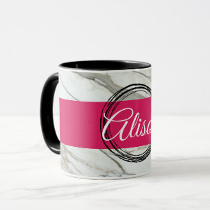 Wit marmer, trendy fuchsia gepersonaliseerde naam mok