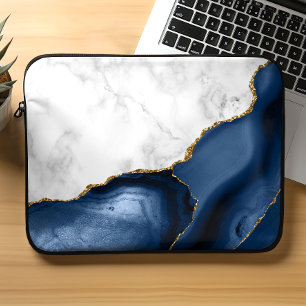 Wit marmer verguld met navyblauw agaat laptop sleeve