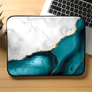 Wit marmer verguld tealblauw agaat laptop sleeve