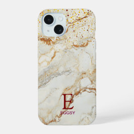 Wit marmeren chic gouden glitter monogram iPhone 15 hoesje