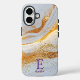 Wit marmeren chic gouden glitters monogram iPhone 16 hoesje