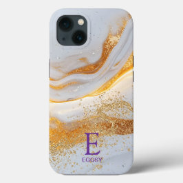 Wit marmeren chic gouden glitters monogram iPhone 13 hoesje